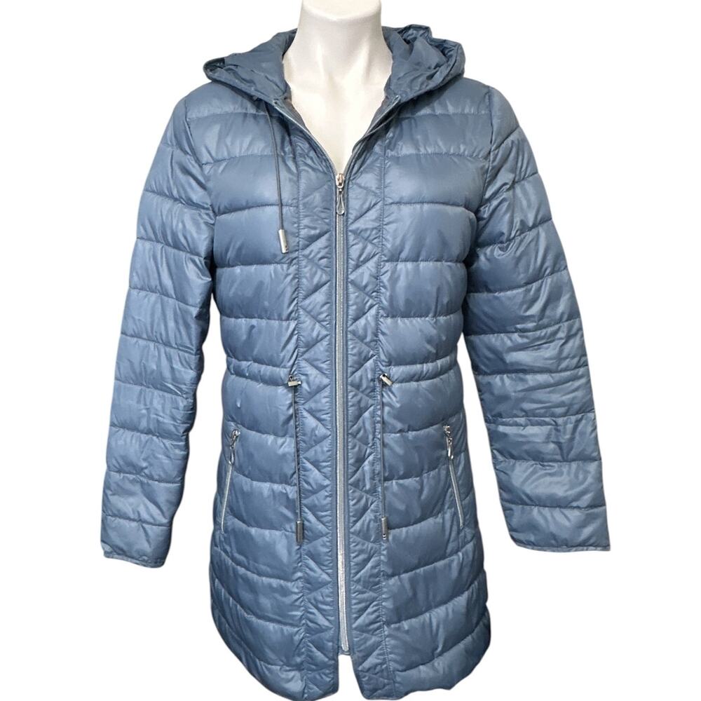 Kenneth Cole New York Women's Blue Long Hooded Puffer Coat Size M Zip Pockets
